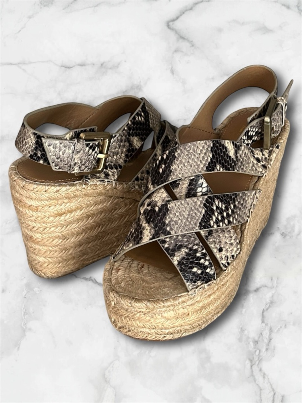 Marc Fisher Platform Espadrille Wedge Leather Snakeskin Sandals Size 6